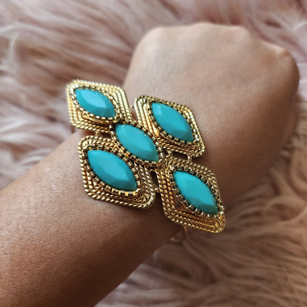 Hinged Gold Tone & Teal Accent Statement Bracelet